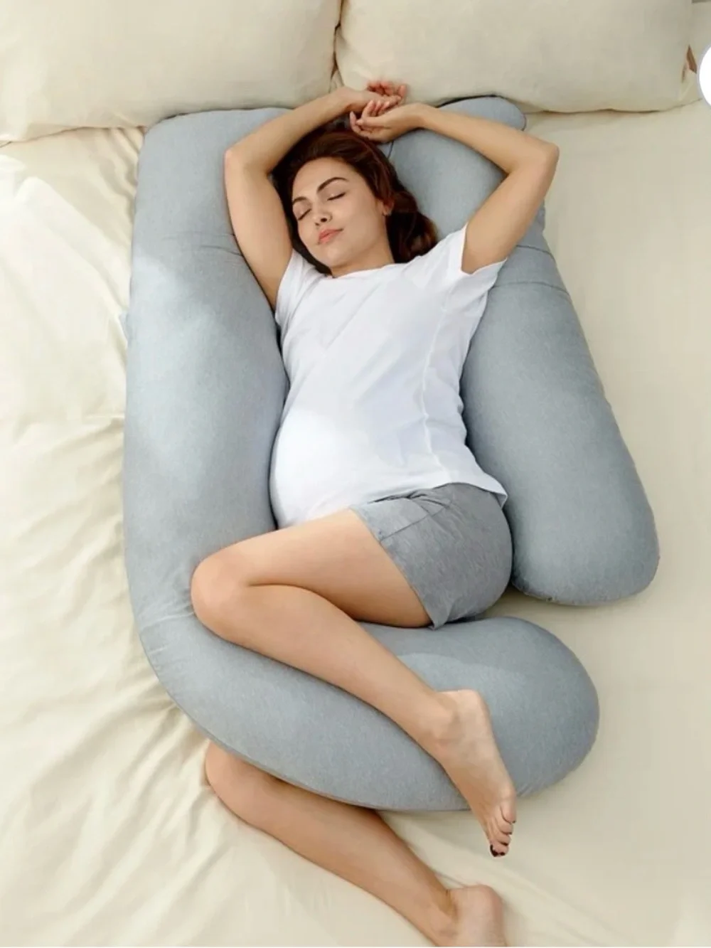 Momcozy U-shaped Cooling Body Pillow - Light Gray Full-Body Support